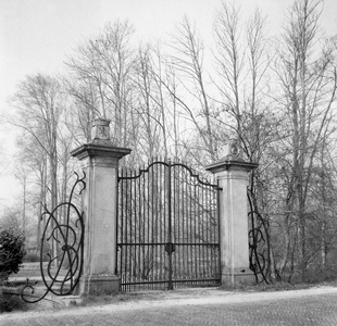 843175 Afbeelding van het toegangshek aan de zuidzijde van kasteel Nijenrode (Straatweg 25) te Breukelen.N.B. De foto ...